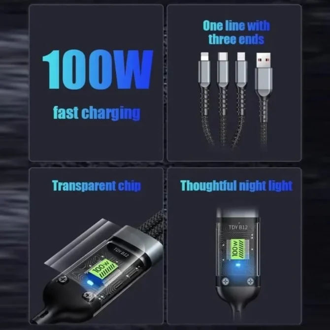 D-11 3in1 Multifunctional Convenient Super Fast Charging Data Cable With Data Transfer Function 1 Pc - Image 3