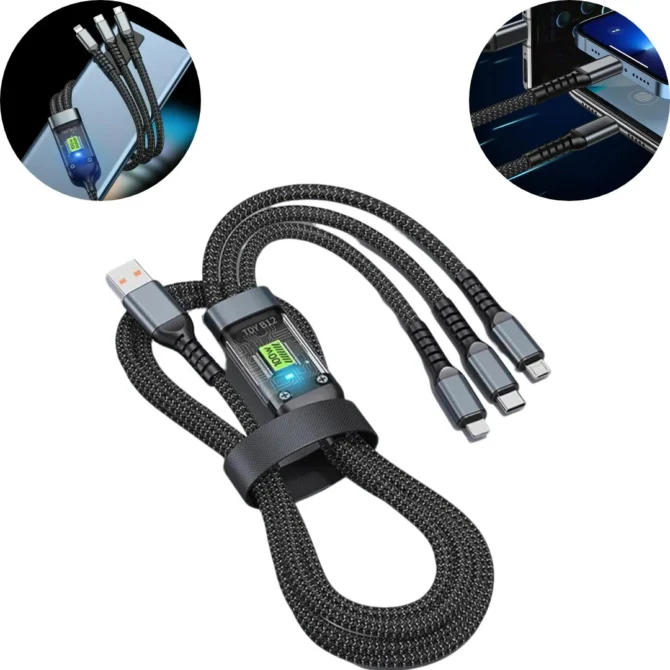 D-11 3in1 Multifunctional Convenient Super Fast Charging Data Cable With Data Transfer Function 1 Pc